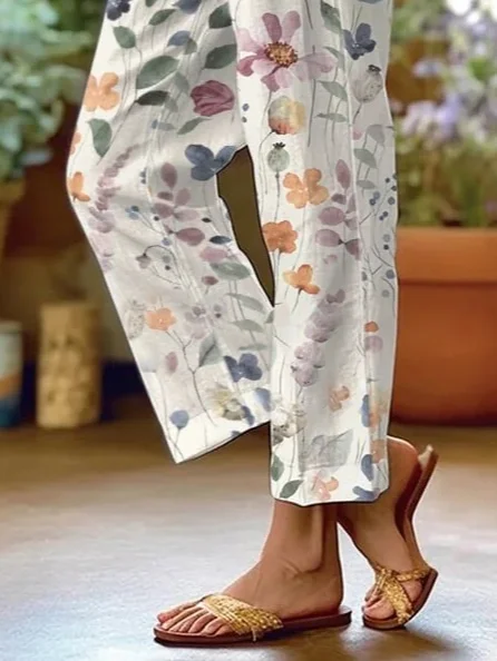 Pantalons Décontracté Floral Printemps / Automne Naturel Bande Élastique Pantalon navet Long Droit Régulier pour Femmes