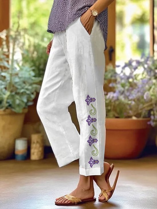 Pantalons Femmes Décontracté Floral Printemps / Automne Coton Naturel Ample Pantalon à la cheville Pantalon droit Poche Couture