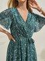 Robes Floral Été Élégant en Mousseline de Soie Col V Taille Haute Aucune élasticité Manches Courtes Droit pour Femmes