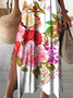 Robes Femmes Floral Été Élégant Col V Ample Maxi Manches Courtes en Mélangé de Coton Trapèze