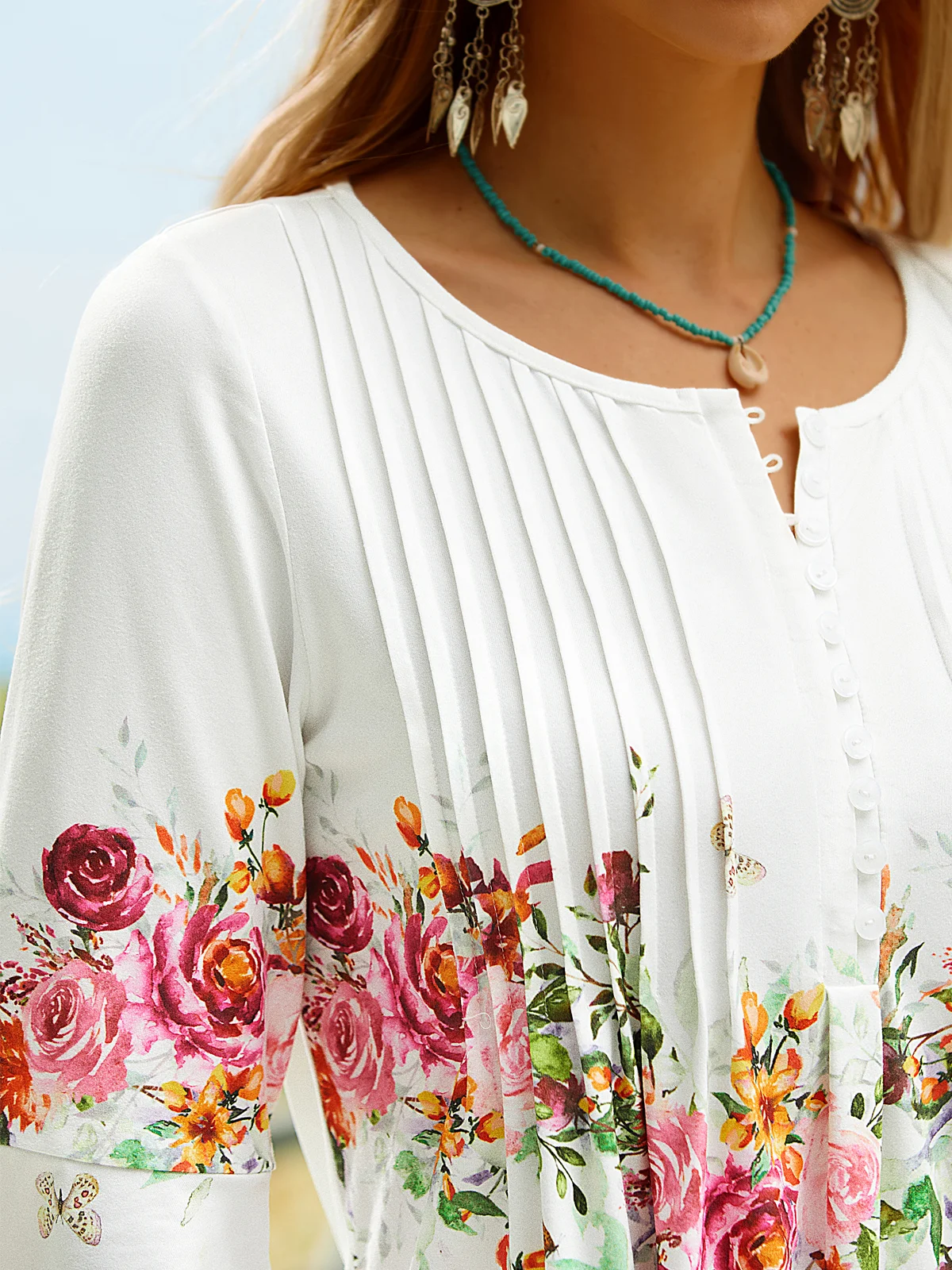 Tops Décontracté Floral Hiver Col V Naturel Coupe Régulière Mi-longue-Long A-ligne Élasticité moyenne pour Femmes