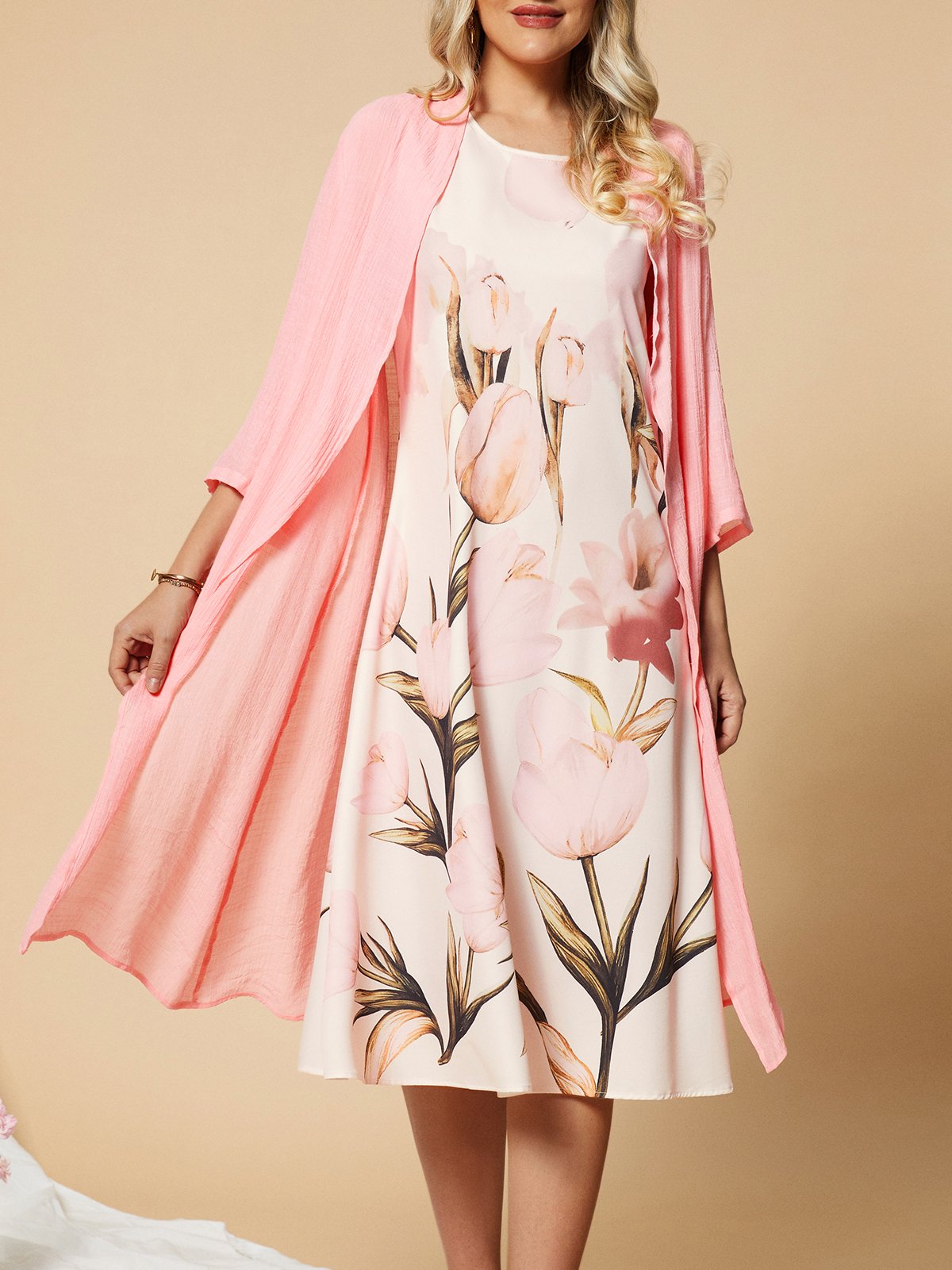 Ensembles deux pièces Décontracté Floral Printemps Léger Maxi Fibre de polyester Trois quarts Coupe H-Line pour femme