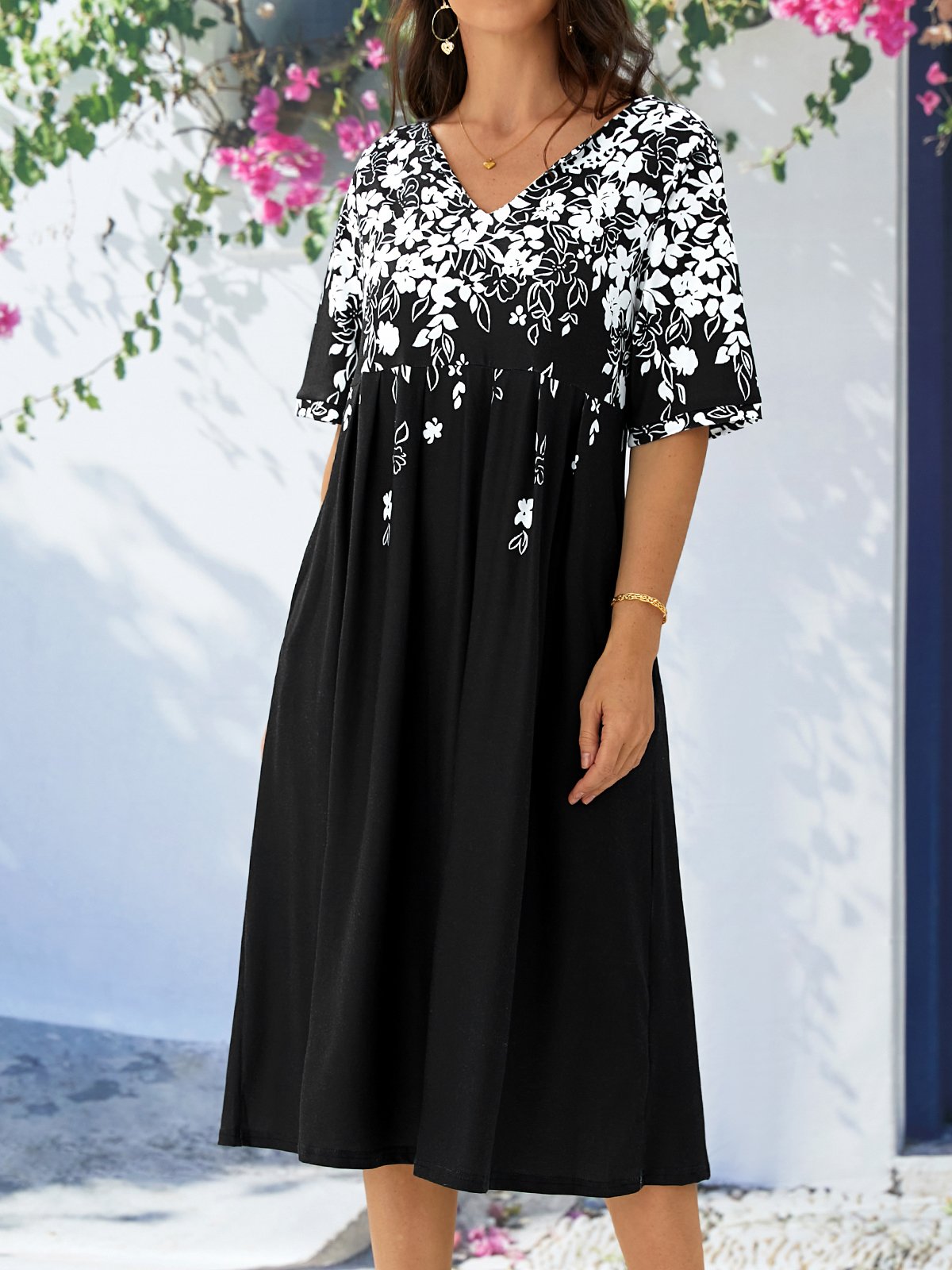 Robes Floral Été Élégant Polyester Léger Quotidien Long Demi Manche Entaillé pour Femmes