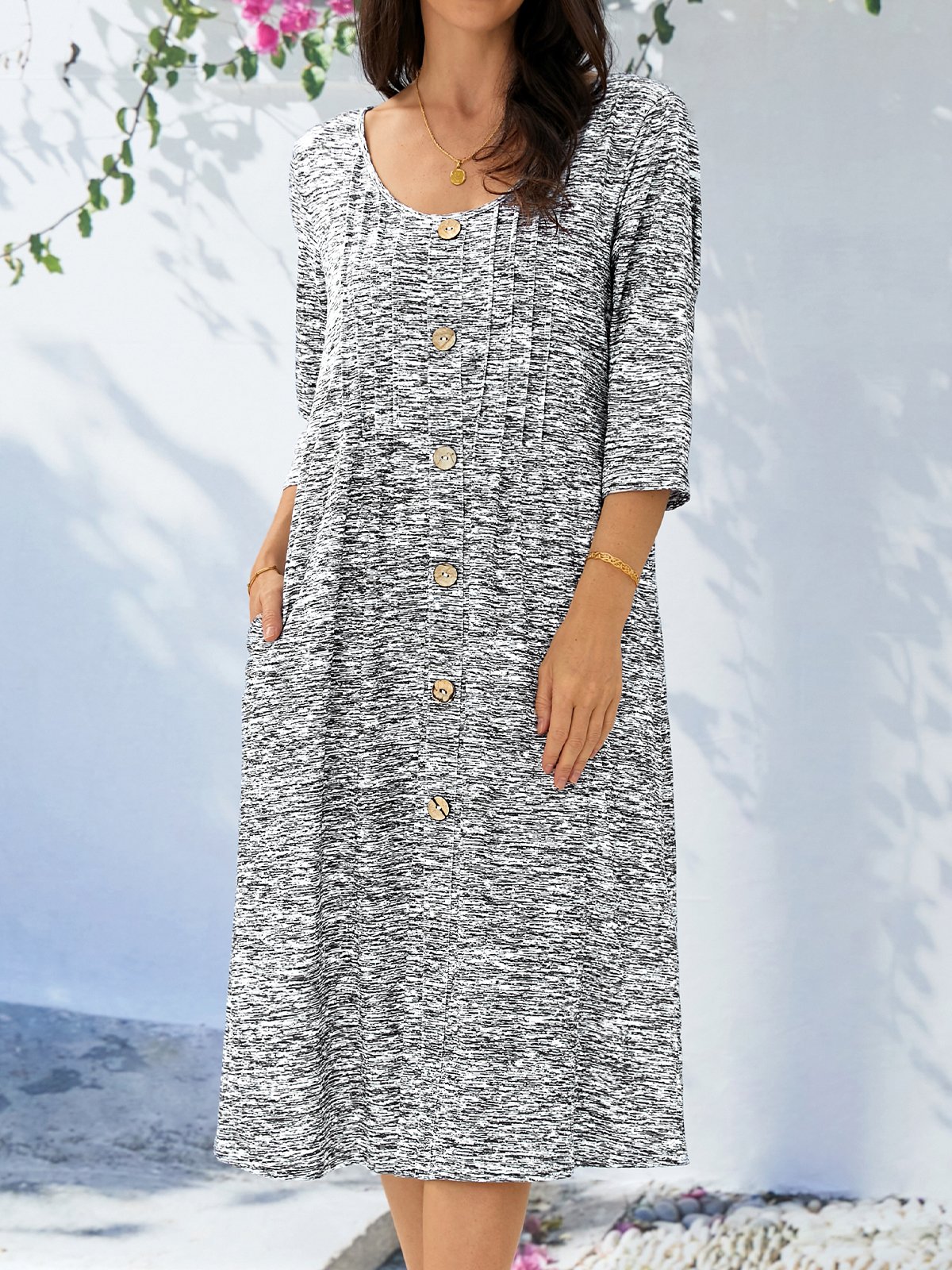 Robes Décontracté Plain Printemps Polyester Col V Naturel Quotidien Coupe Régulière Mi-longue pour Femmes