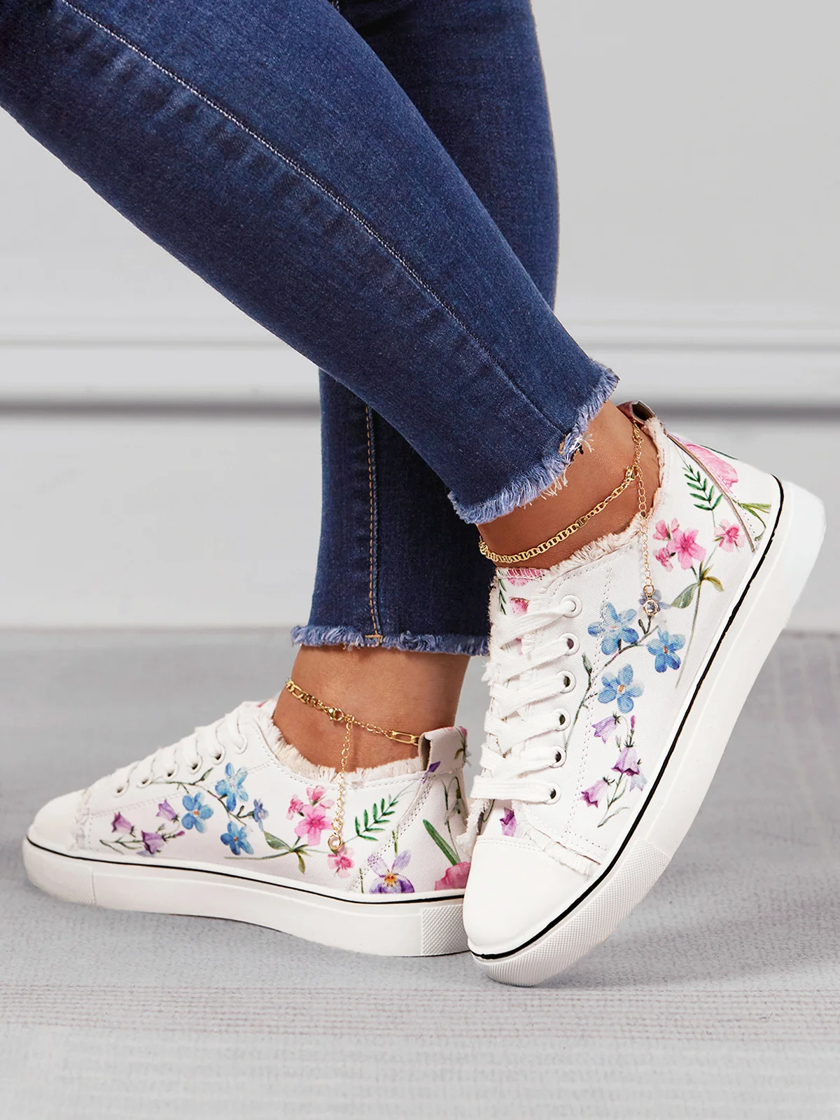 Sneakers Sports Floral Toutes Saisons Toile Antidérapante Tissu EVA Lace Up Canvas pour Femme