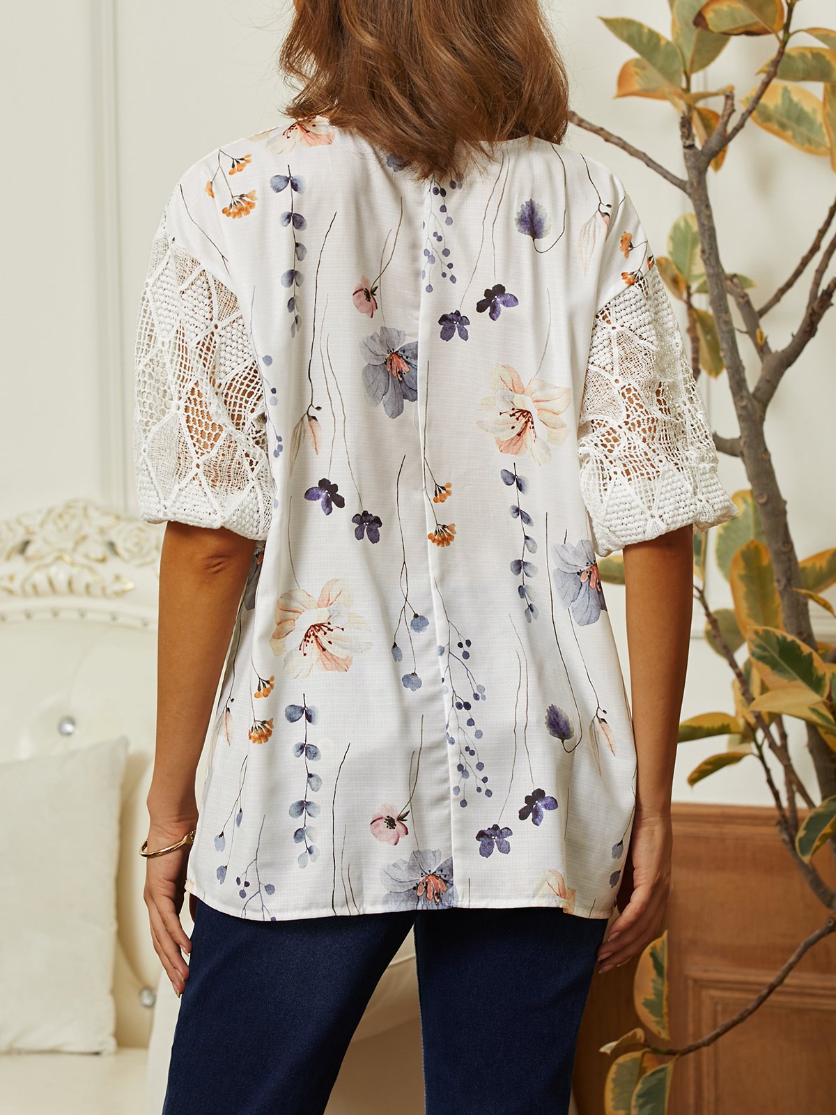 Chemises Floral Printemps / Automne en Lin en Lin Aucune élasticité Quotidien Manches 3/4 Droit Dentelle pour Femmes