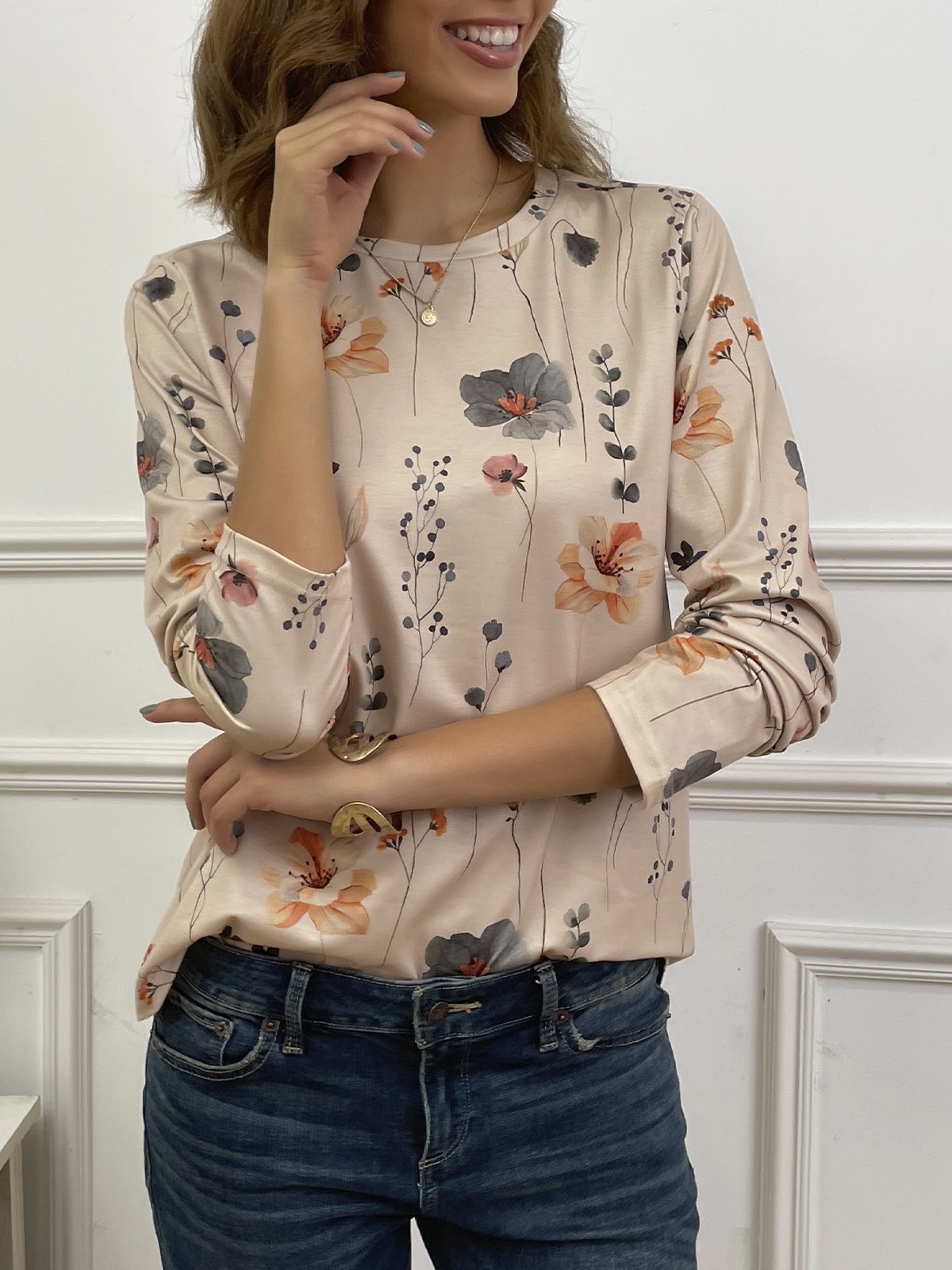 T-shirts Femmes Décontracté Floral Printemps / Automne Tricoté Micro-élasticité Quotidien Ample Manches Longues Régulier