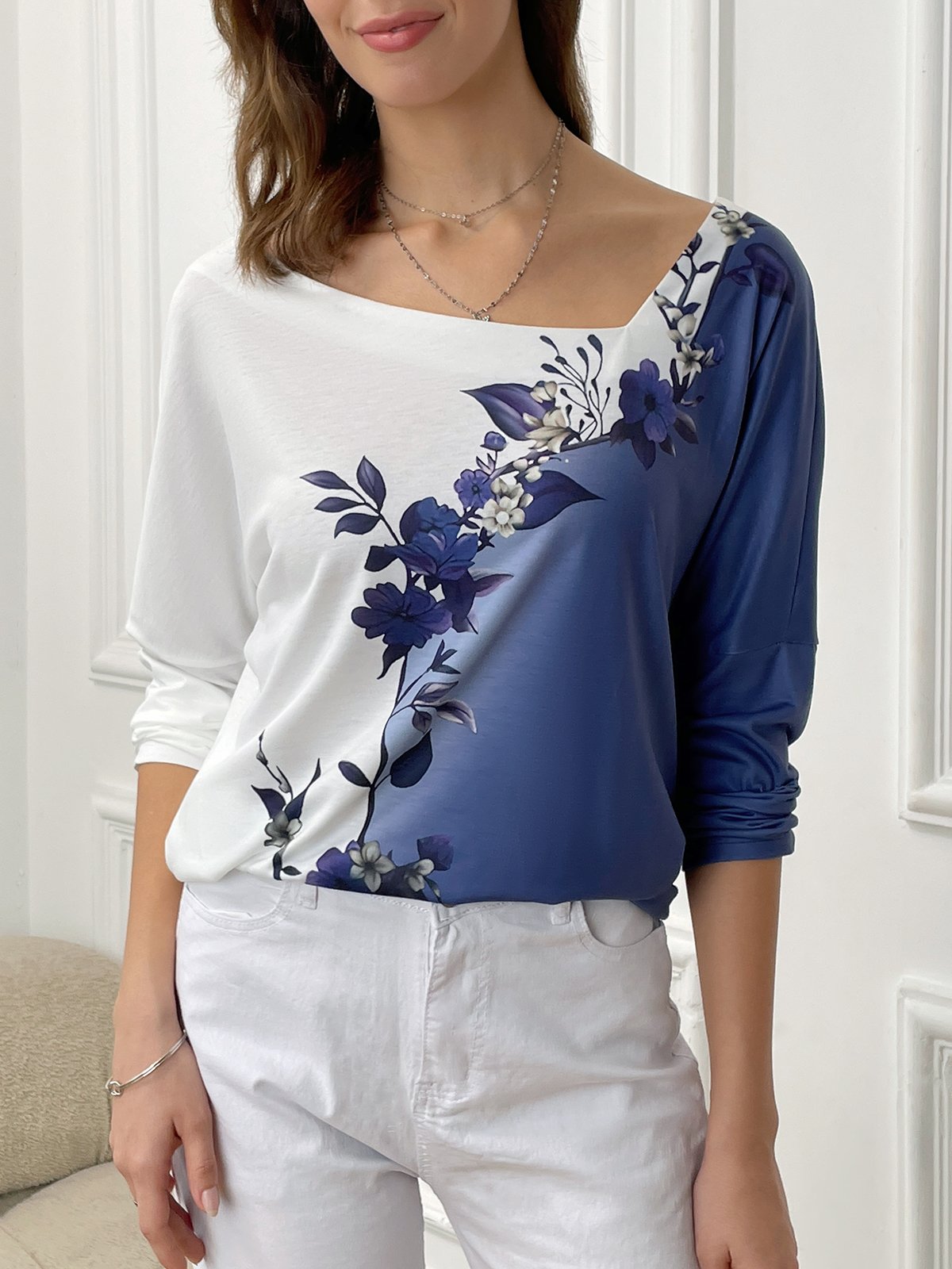 T-shirt  Femme Décontracté Floral  Micro-élasticité Ample  Manche LongueRégulier H-ligne Régulier