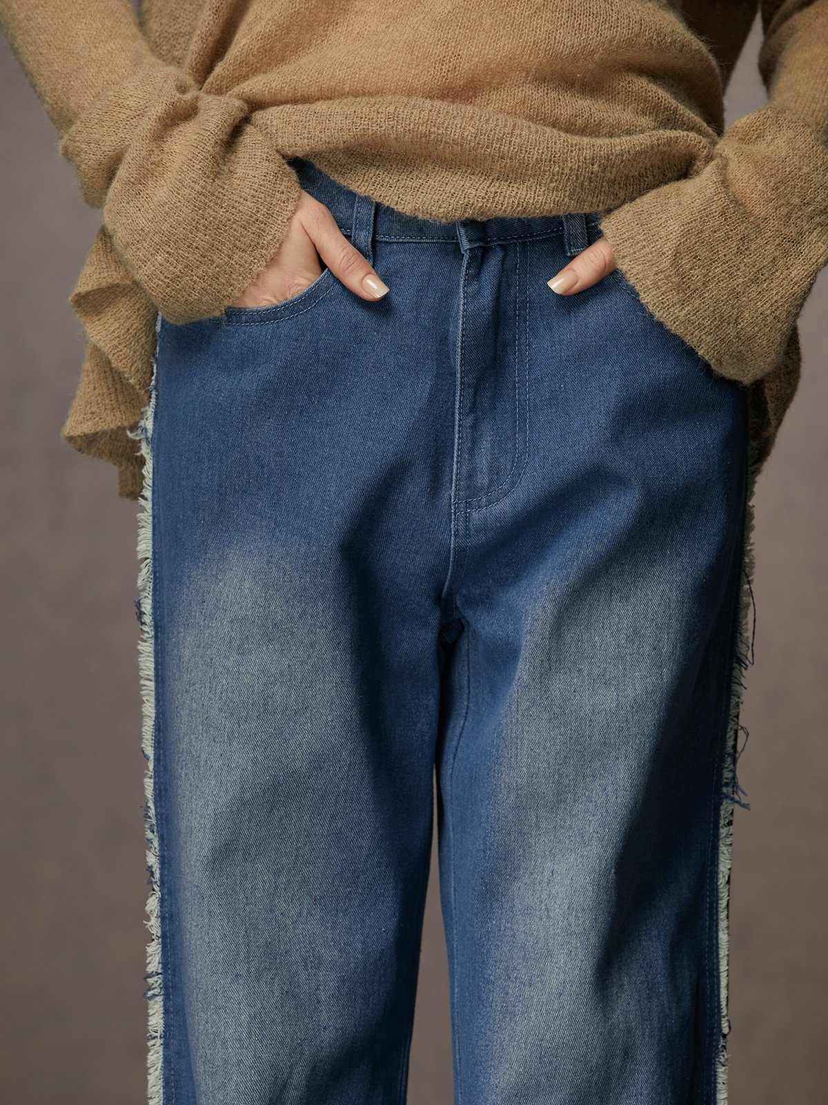 Jeans Femmes Bloc de Couleur Toutes Les Saisons Urbain Coupe Régulière Taille Moyenne Pantalon droit Toile de Jean Long Droit