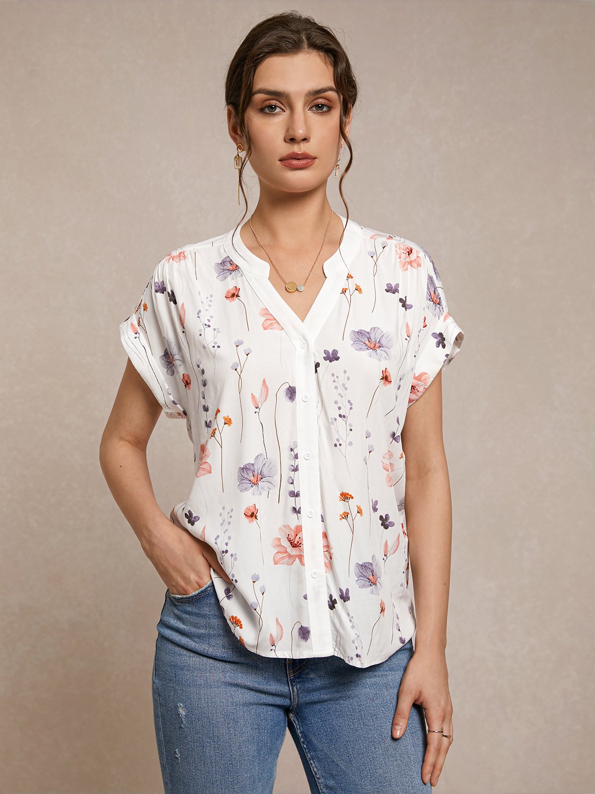 Blouses Femmes Décontracté Floral Été Coton Boutonné Quotidien Ample Droit T.-N.-L.