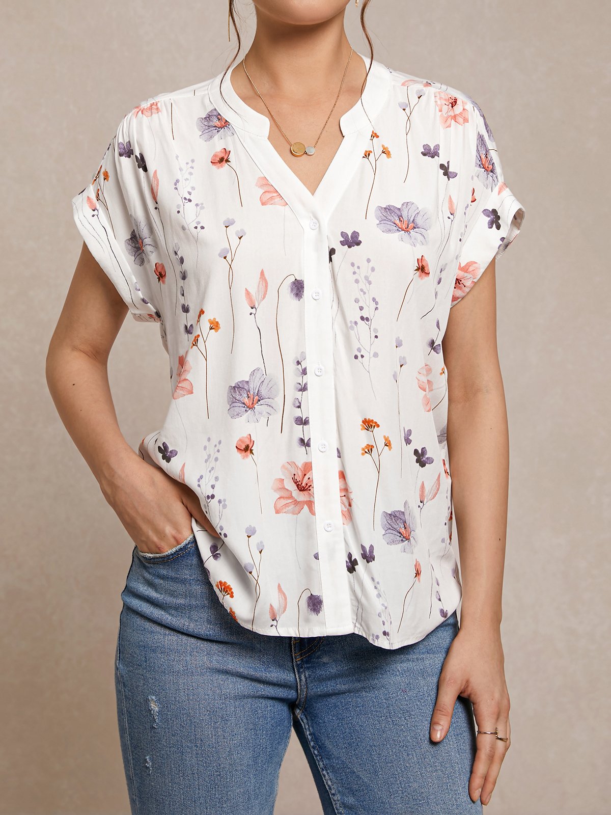 Blouses Femmes Décontracté Floral Été Coton Boutonné Quotidien Ample Droit T.-N.-L.