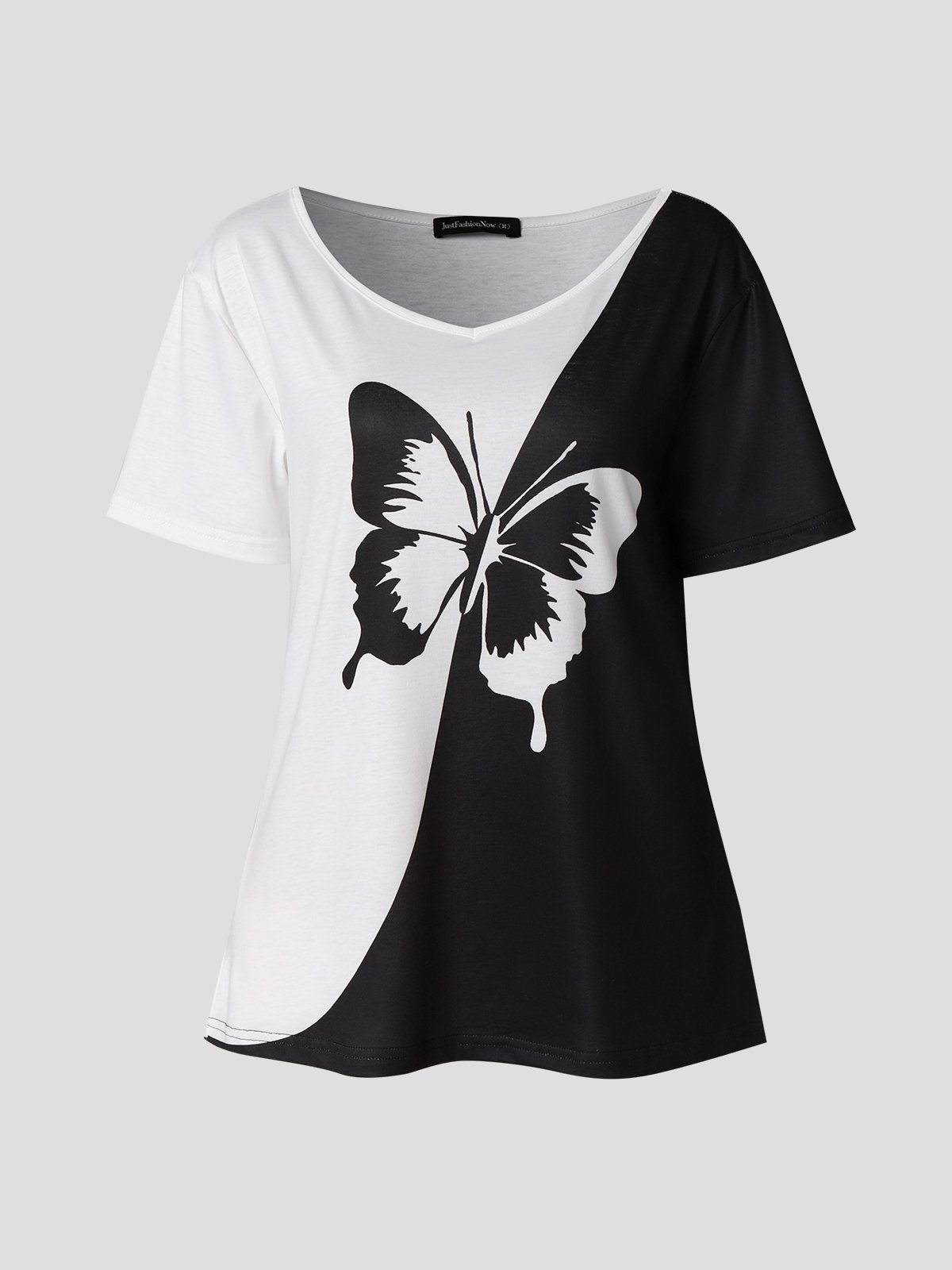 T-shirt Femme Décontracté Été Papillon Col en V Léger Micro-élasticité Jersey Régulier H-Line