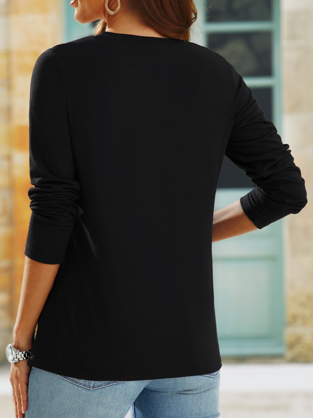 T-shirt Simple Lettre Hiver Col Rond Micro-élasticité Date Manches Longues Fit Regular pour Femme