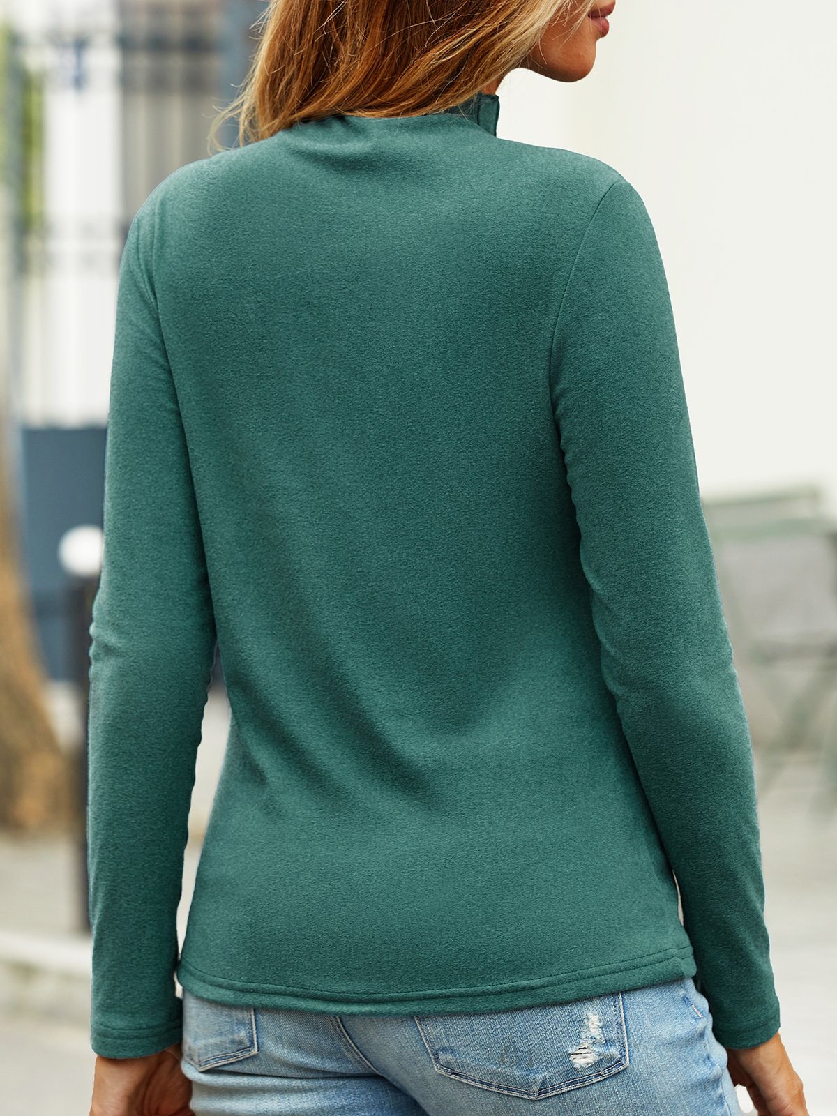 T-Chemise Décontracté Plain Automne Polyester à Haute Élasticité Coupe Régulière Manches Longues S-ligne Régulier pour Femmes