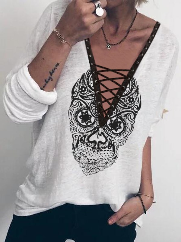T-shirt Décontracté Été Imprimé Col en V À Lacets Manches Longues Lâche Mélange de Coton Régulier pour Femme