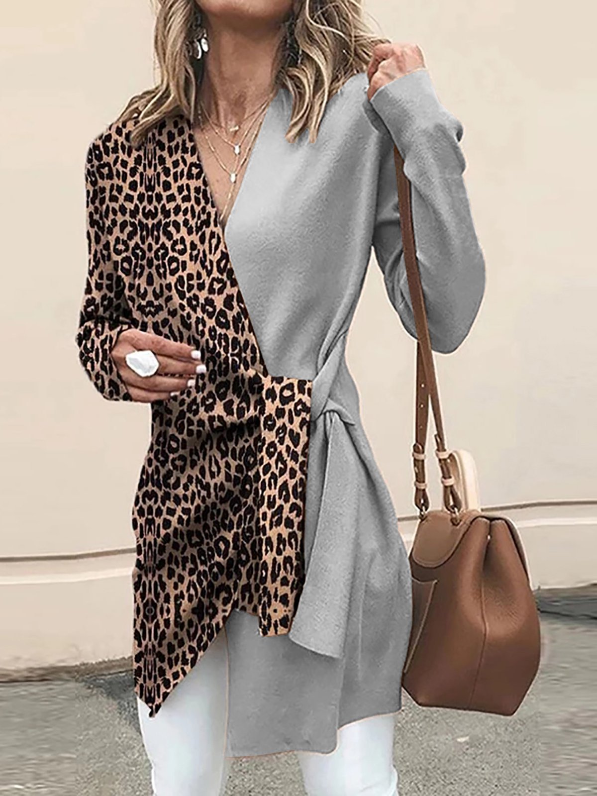 Pull décontracté léopard automne coton col en V patchwork léger grande taille à manches longues pour les femmes