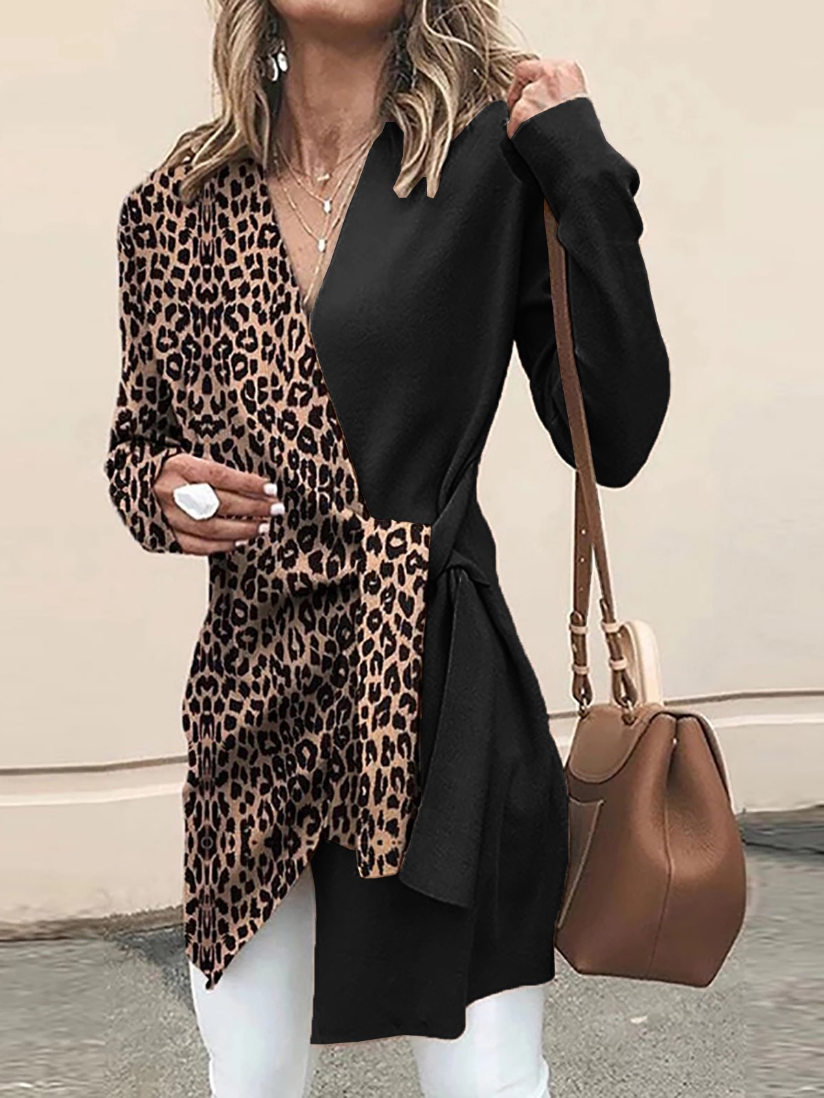 Pull décontracté léopard automne coton col en V patchwork léger grande taille à manches longues pour les femmes