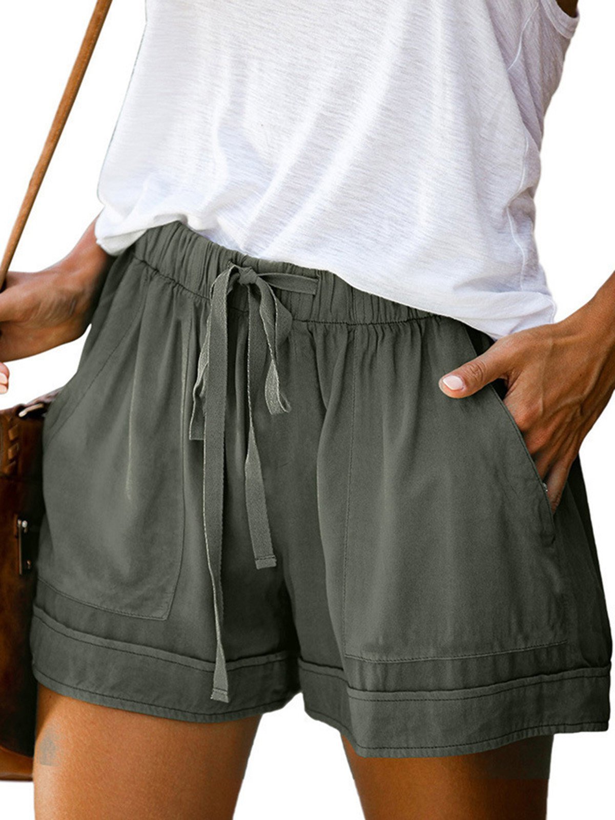 Décontracté Pantalons Décontracté Plain Été avec Poches Micro-Élasticité Ample Pantalons à Jambe Large Coton Shorts pour Femmes