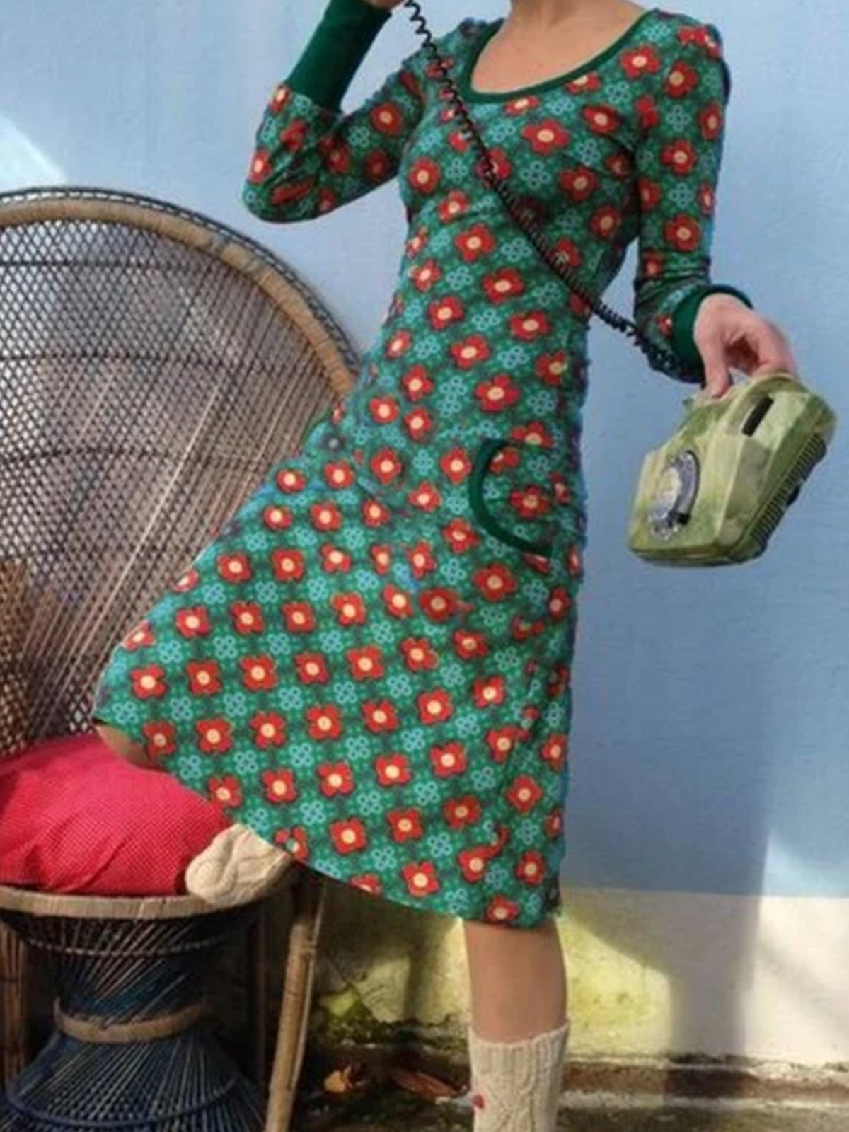 Robes Décontracté Floral Printemps / Automne Col V Poids Moyen à Haute Élasticité Manches Longues Adapté en Mélangé de Coton pour Femmes
