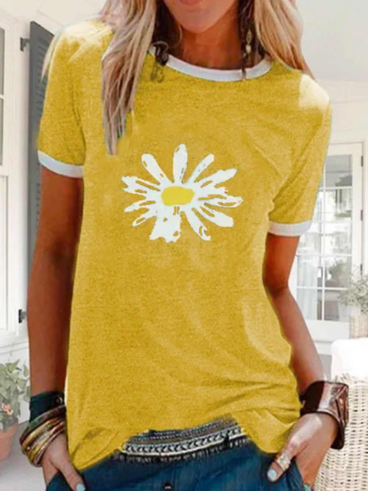 T-shirt Décontracté Floral Été Naturel Quotidien Jersey Manches courtes Col rond Régulier pour Femme