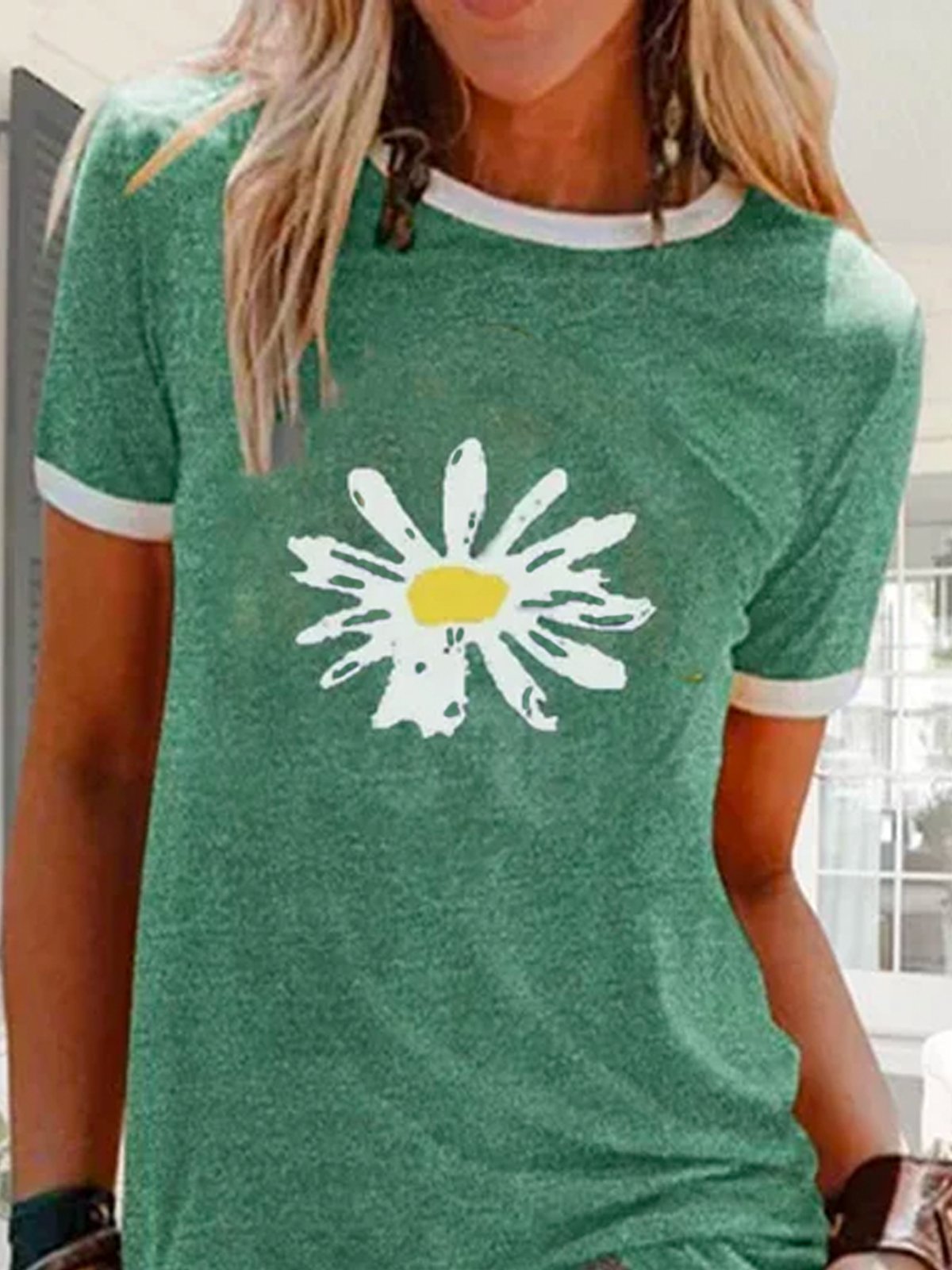 T-shirt Décontracté Floral Été Naturel Quotidien Jersey Manches courtes Col rond Régulier pour Femme