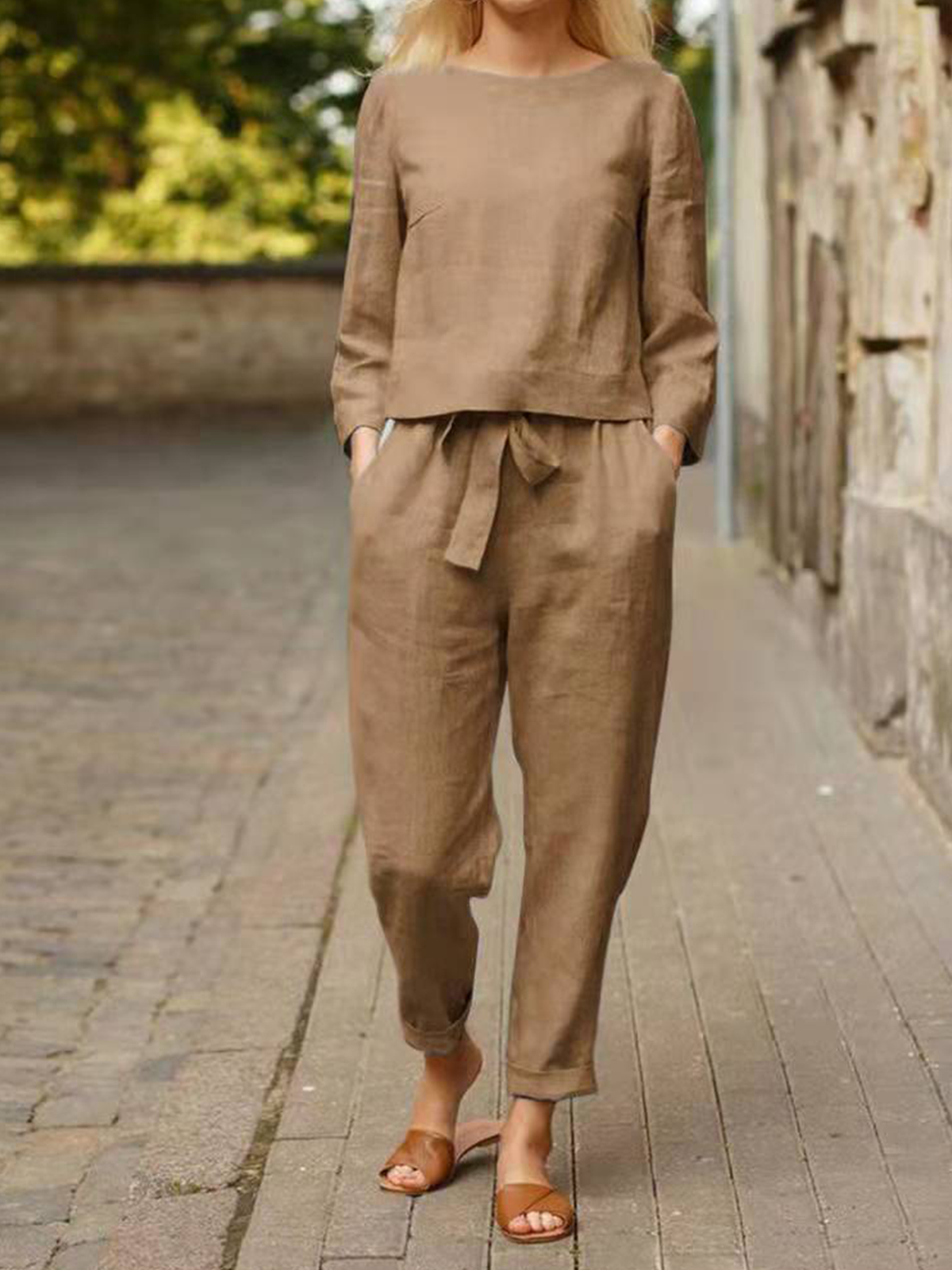 Deux Pièces Ensembles Femmes Plain Printemps / Automne Vacances Naturel Aucune élasticité Standard Manches Longues Top Avec Pantalons Droit