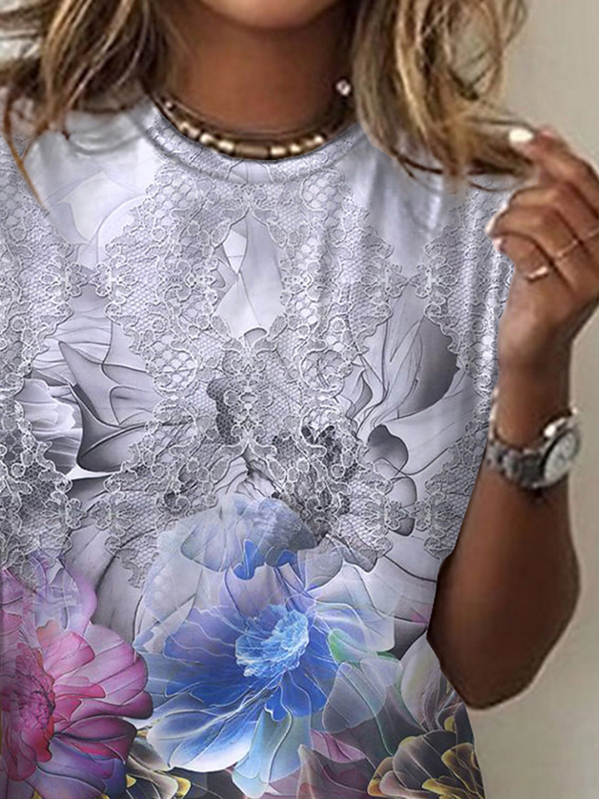 T-shirt Vacances Floral Printemps Col Rond Micro-élasticité Quotidien Manches courtes Mélange de Coton Régulier pour Femme