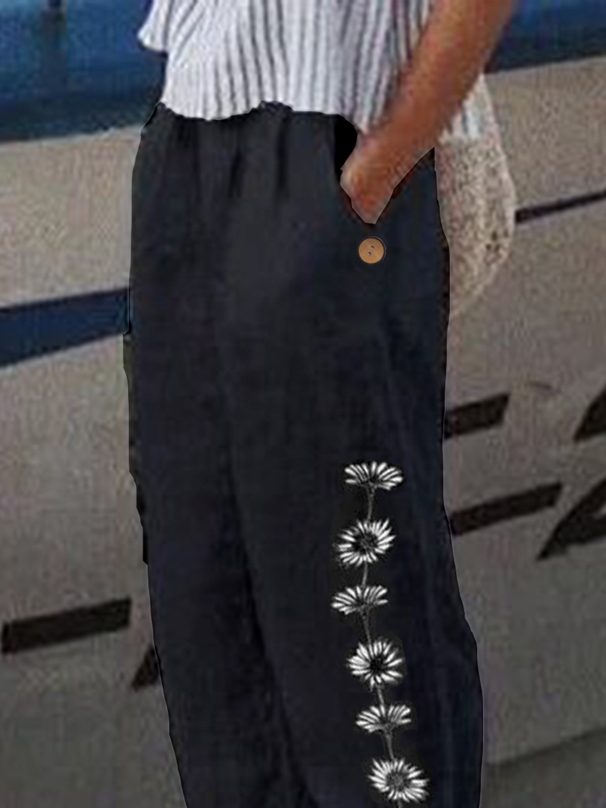 Pantalon décontracté Femme Décontracté Floral Printemps Poids moyen Aucune élasticité Taille élastique Coton Long H-Line