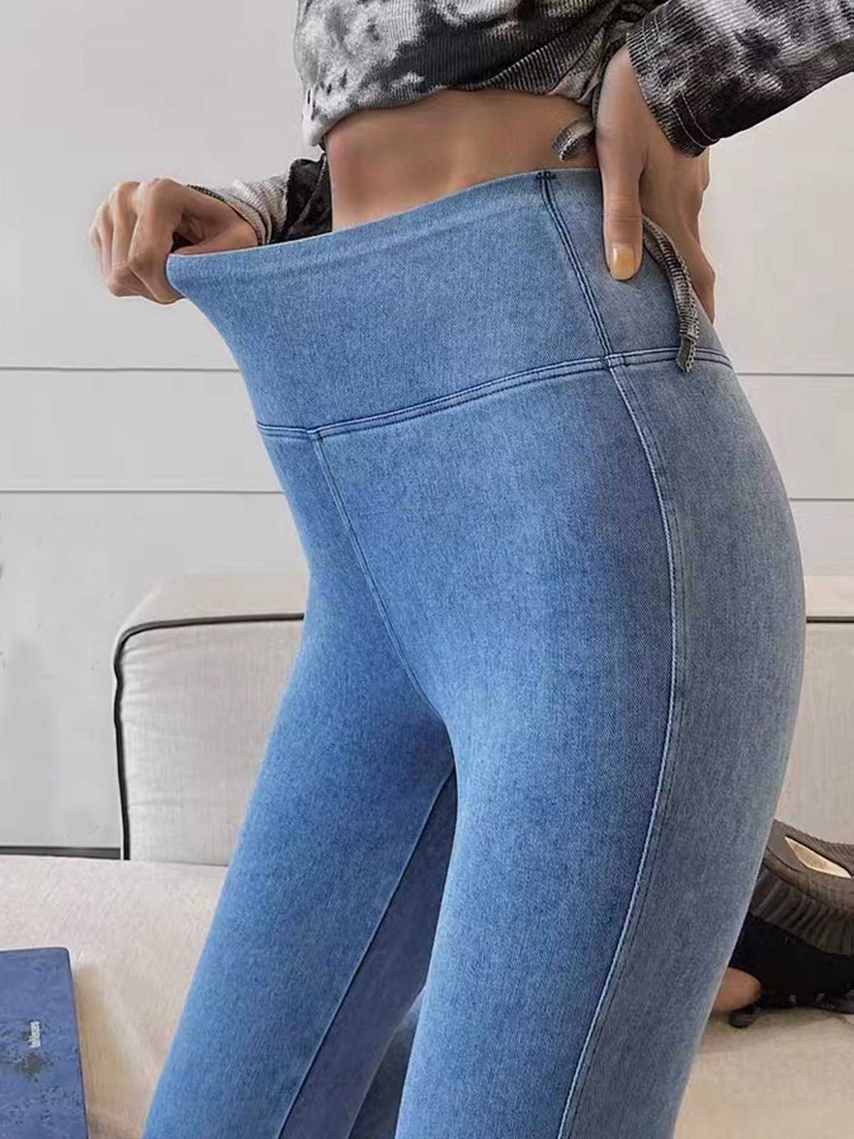 Jeans uni simple  Haut e élasticité cheville pantalon Denim Legging H-Line processus de lavage pour les Femme