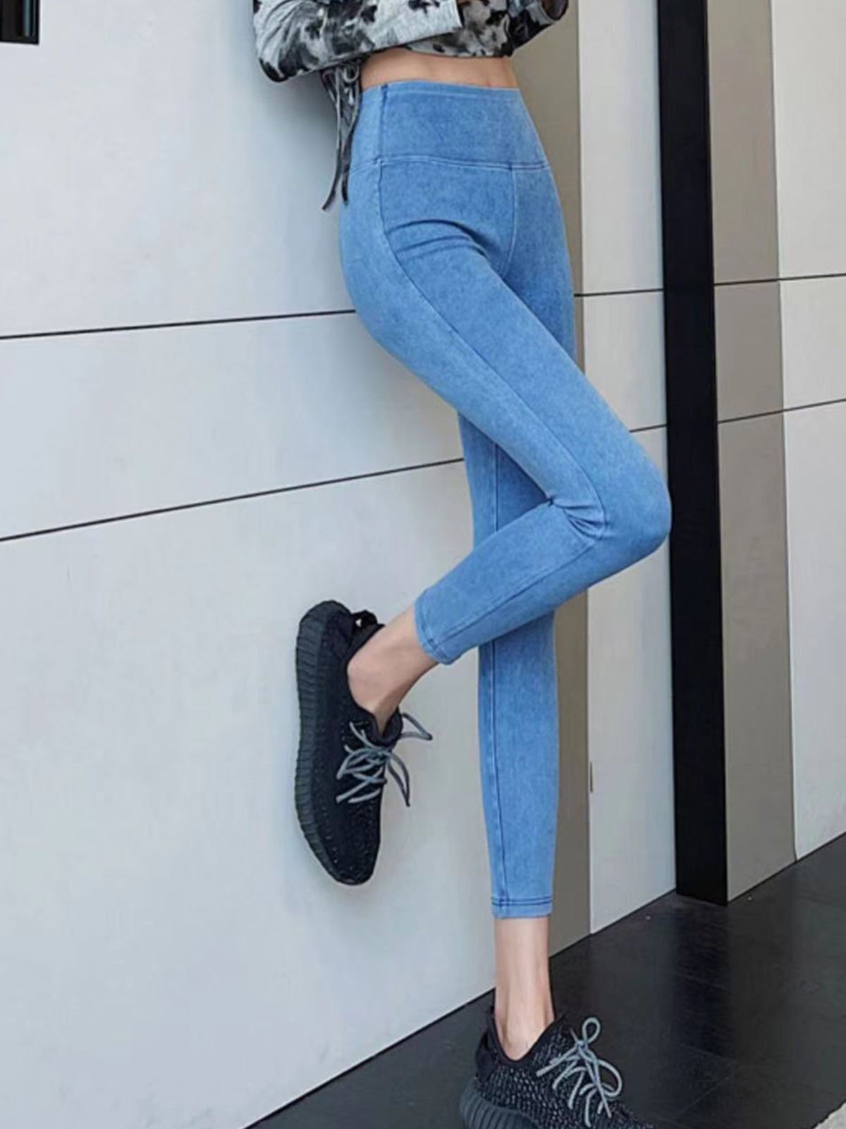 Jeans uni simple  Haut e élasticité cheville pantalon Denim Legging H-Line processus de lavage pour les Femme