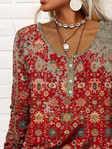 Top Femme Décontracté Ethnique  Col V  Jersey Droit Régulier élasticité moyenne