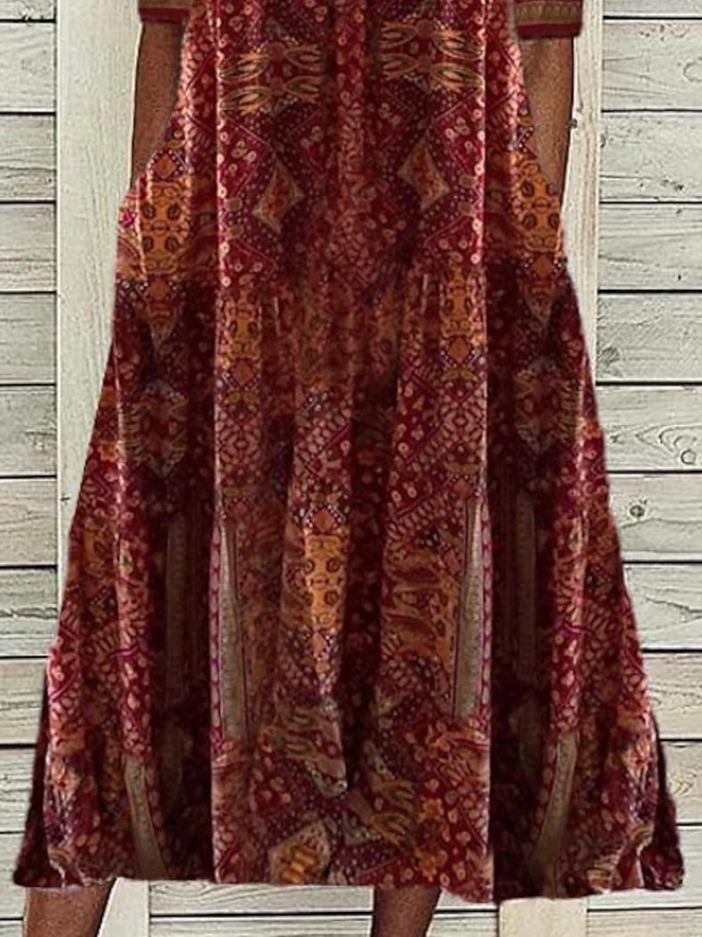 Robe Ethnique Boho  Polyester  Coupe Régulière Mi-longue Manches 3/4 Régulier