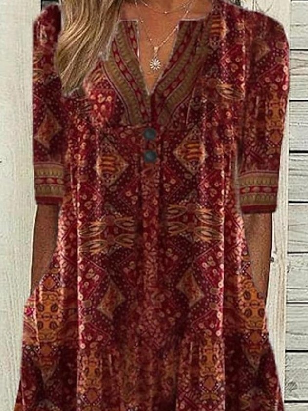 Robe Ethnique Boho  Polyester  Coupe Régulière Mi-longue Manches 3/4 Régulier