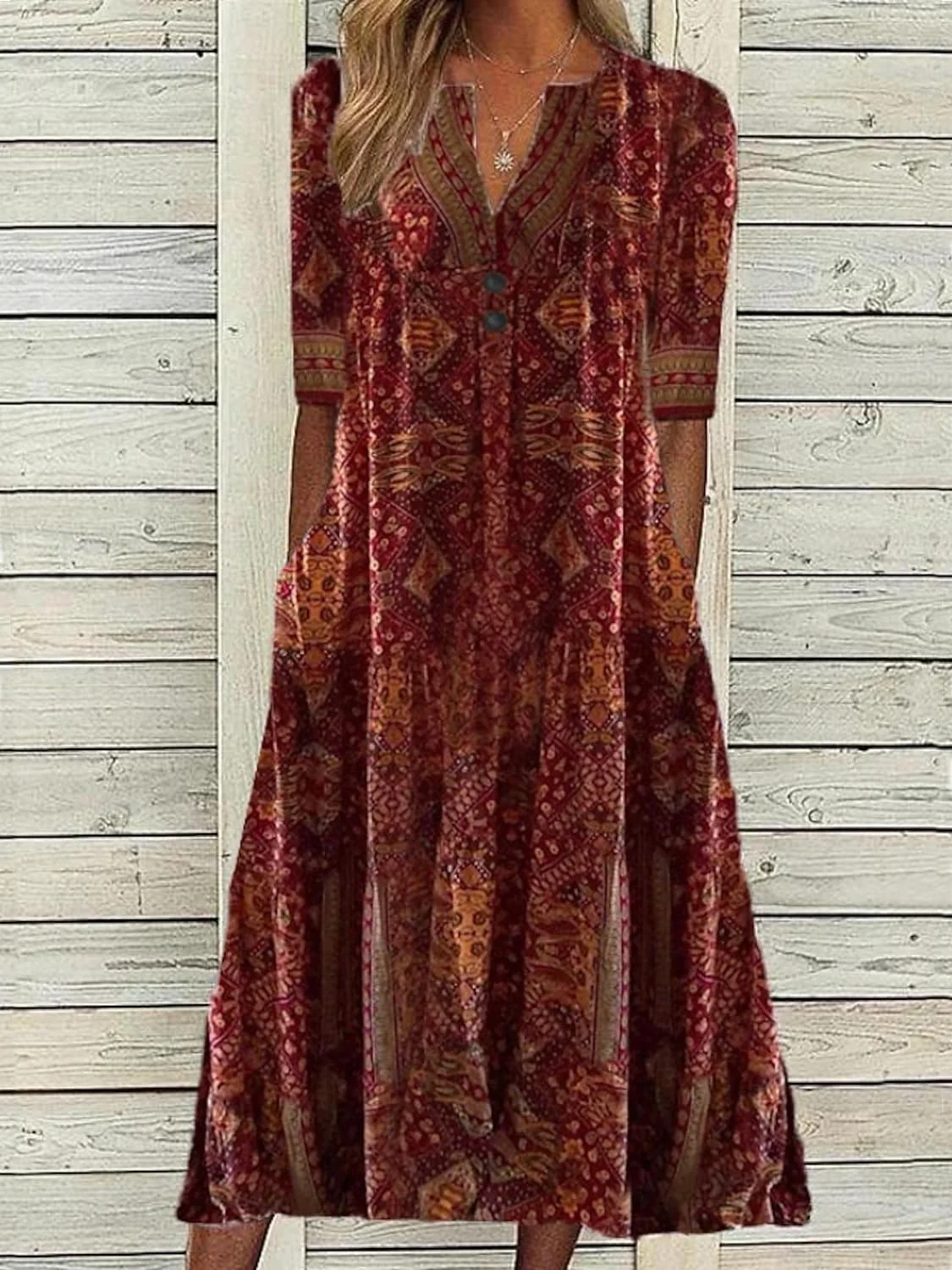 Robe Ethnique Boho  Polyester  Coupe Régulière Mi-longue Manches 3/4 Régulier