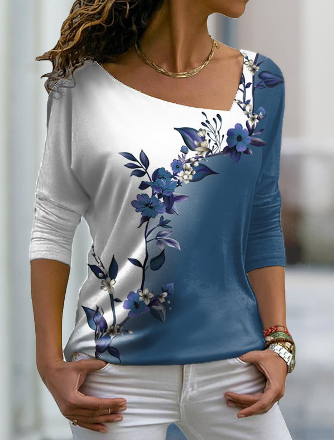 T-shirt  Femme Décontracté Floral  Micro-élasticité Ample  Manche LongueRégulier H-ligne Régulier