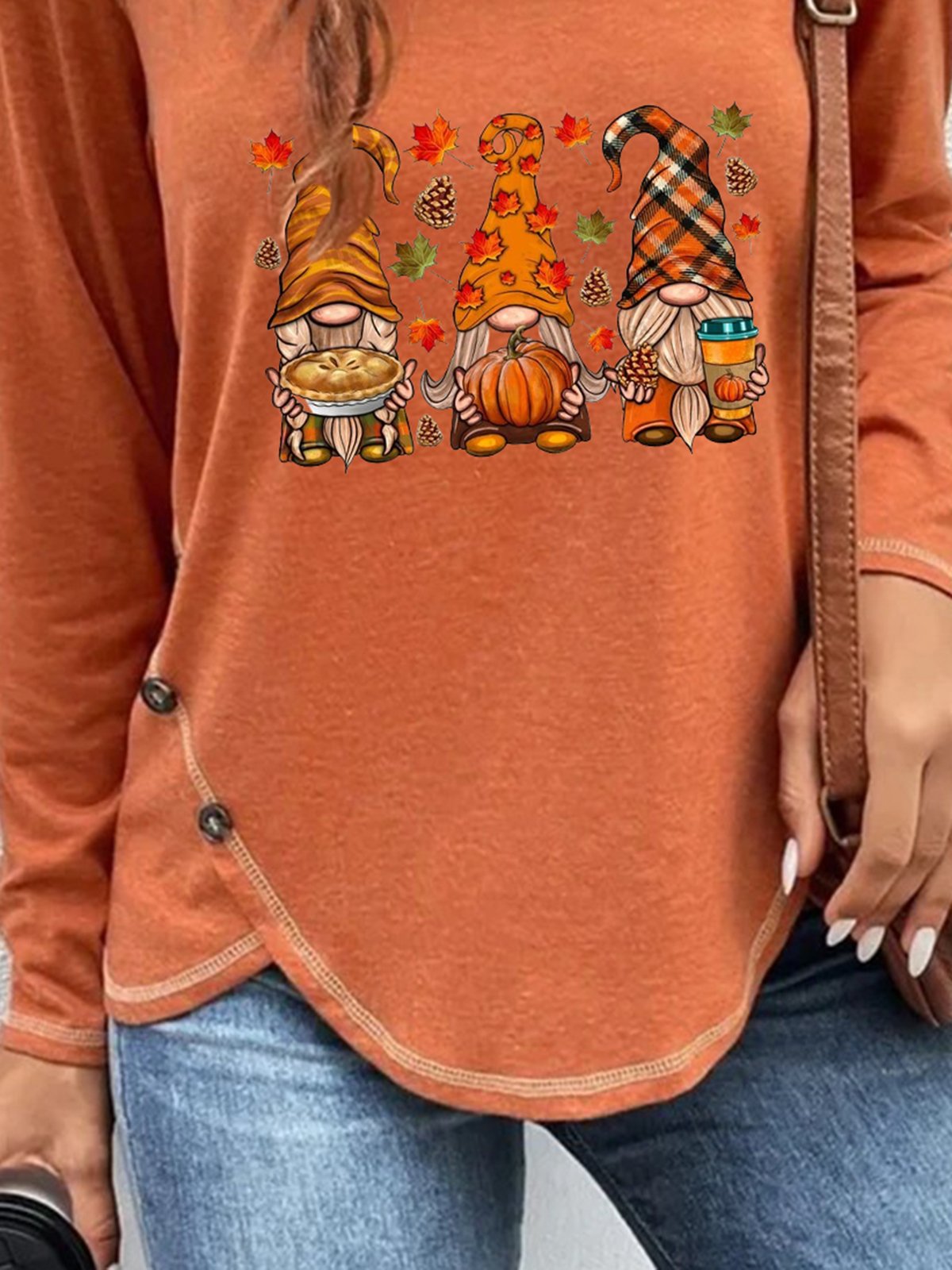 T-shirts Décontracté Printemps / Automne Toussaint Polyester Boutonné Ample Manches Longues Col Rond Régulier pour Femmes