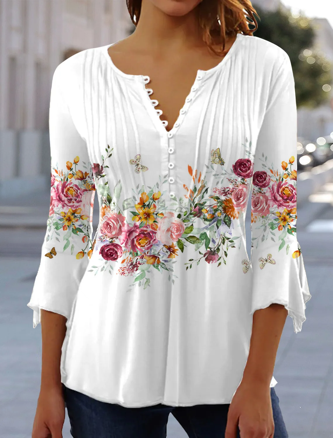 Tops Décontracté Floral Hiver Col V Naturel Coupe Régulière Mi-longue-Long A-ligne Élasticité moyenne pour Femmes