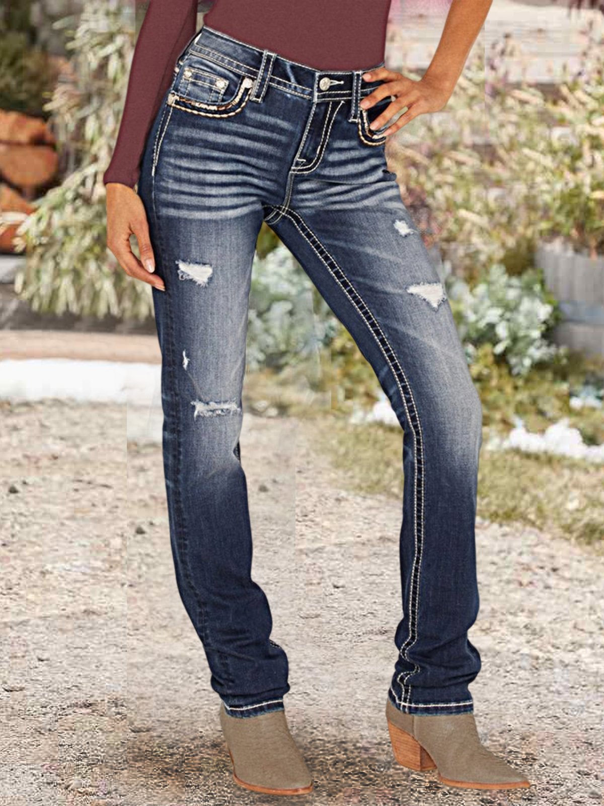 Jeans Boho Plain Hiver Taille Haute Micro-Élasticité Faire la navette Ample Pantalon droit Régulier pour Femmes