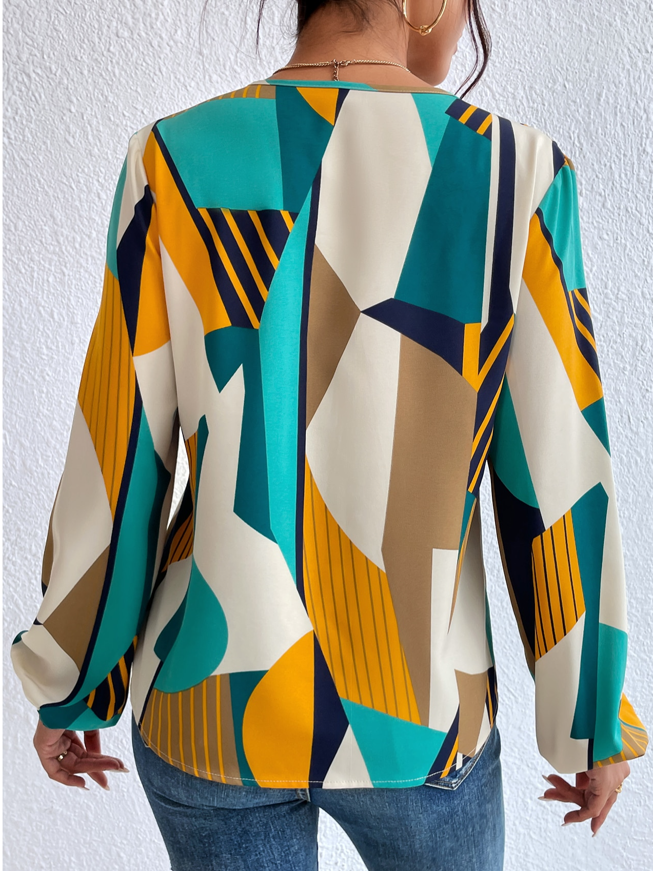 Tops Géométrique Printemps Urbain Col V Naturel Aucune élasticité Manches Longues Régulier Régulier pour Femmes