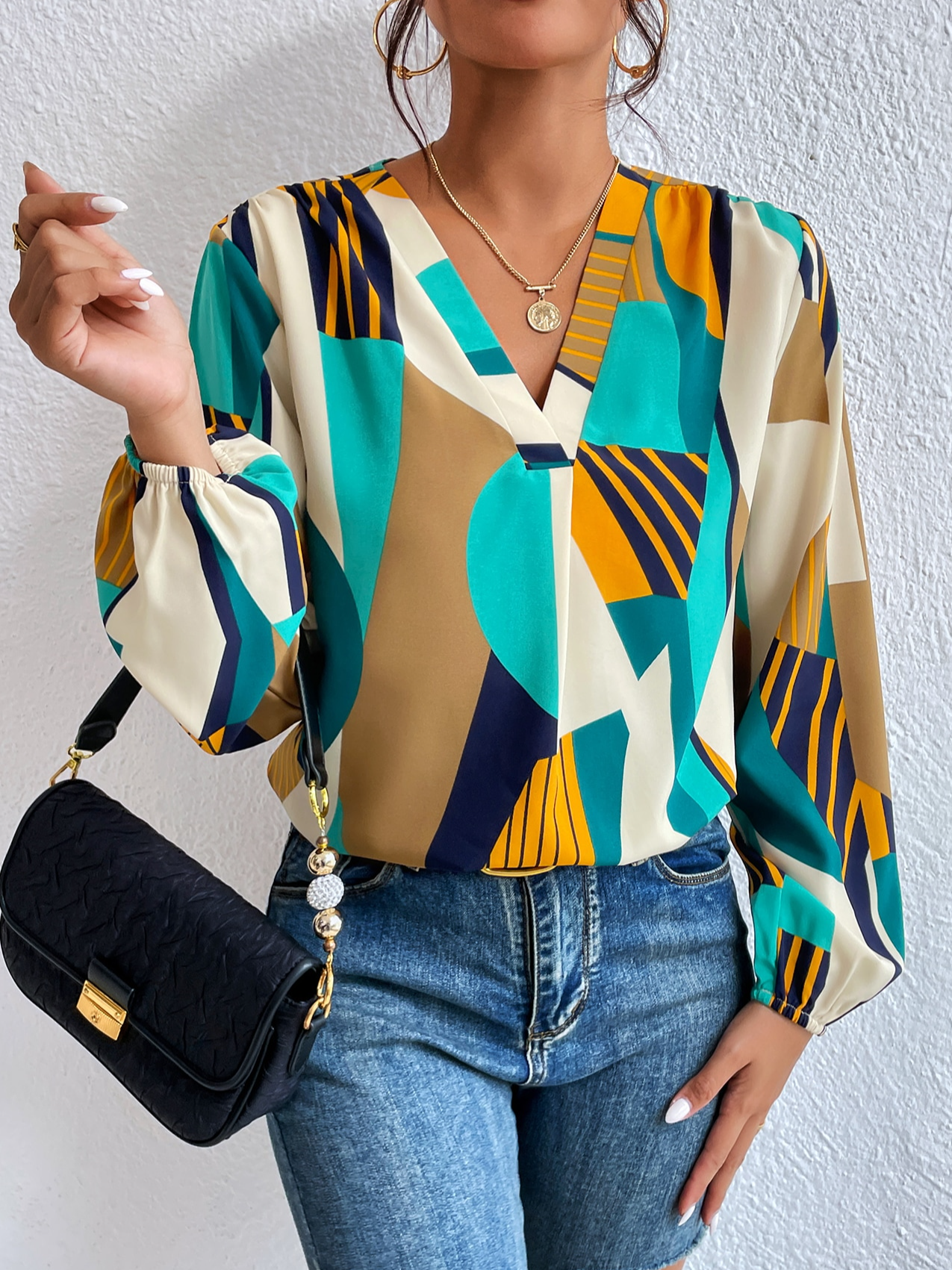 Tops Géométrique Printemps Urbain Col V Naturel Aucune élasticité Manches Longues Régulier Régulier pour Femmes