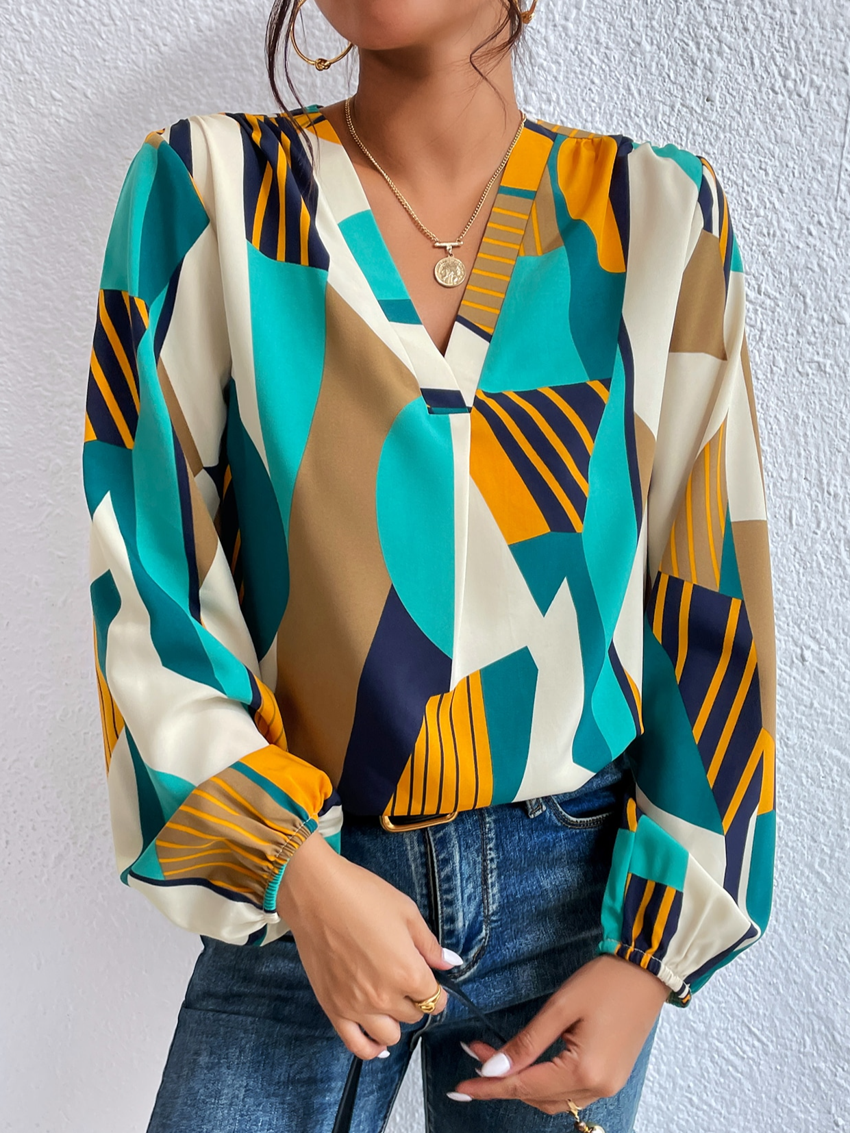 Tops Géométrique Printemps Urbain Col V Naturel Aucune élasticité Manches Longues Régulier Régulier pour Femmes
