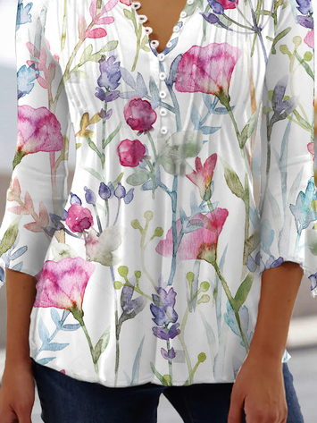 Tops Décontracté Floral Printemps Polyester Col V Quotidien Manches 3/4 Trapèze Régulier pour Femmes