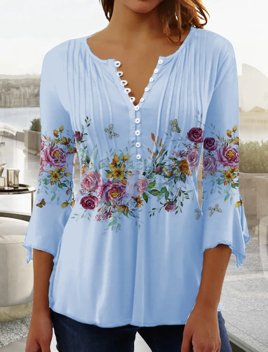 Tops Décontracté Floral Hiver Col V Naturel Coupe Régulière Mi-longue-Long A-ligne Élasticité moyenne pour Femmes