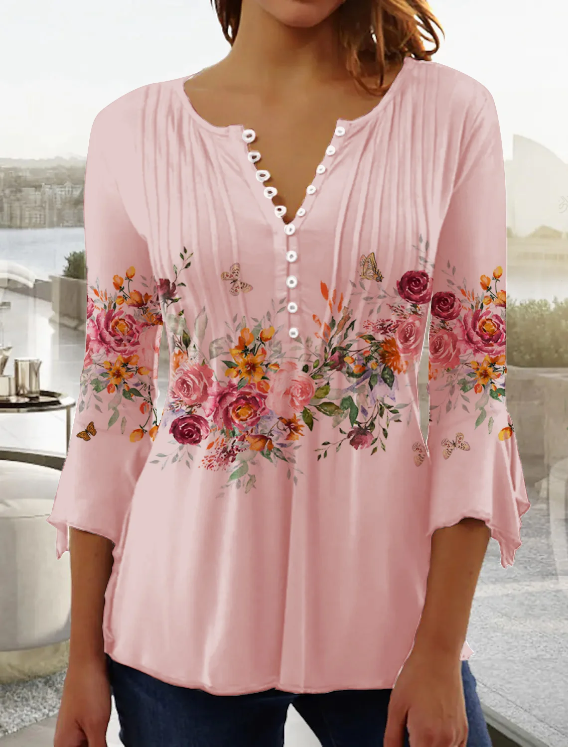 Tops Décontracté Floral Hiver Col V Naturel Coupe Régulière Mi-longue-Long A-ligne Élasticité moyenne pour Femmes