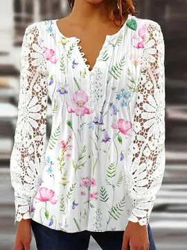 Tops Femmes Décontracté Floral Printemps Col V Micro-élasticité Coupe Régulière Manches Longues Régulier Régulier