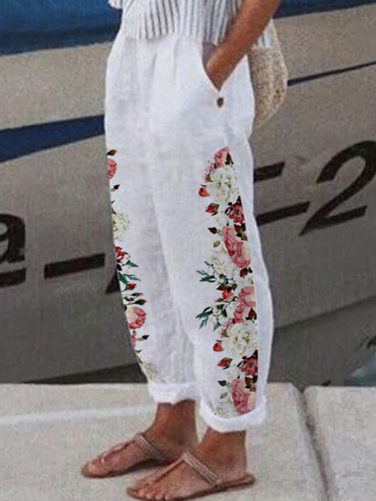 Mode Pantalons Femmes Décontracté Floral Printemps Polyester Naturel Aucune élasticité Quotidien Long Droit