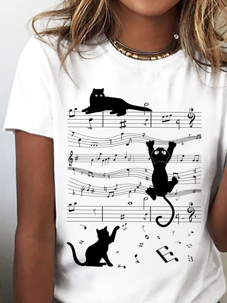 T-shirts Décontracté Été Chat Micro-élasticité Ample Jersey Droit Régulier RS pour Femmes