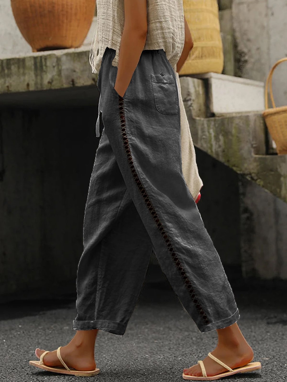 Pantalons Femmes Décontracté Plain Toutes Les Saisons Coton Naturel Ample Pantalon navet Droit Régulier