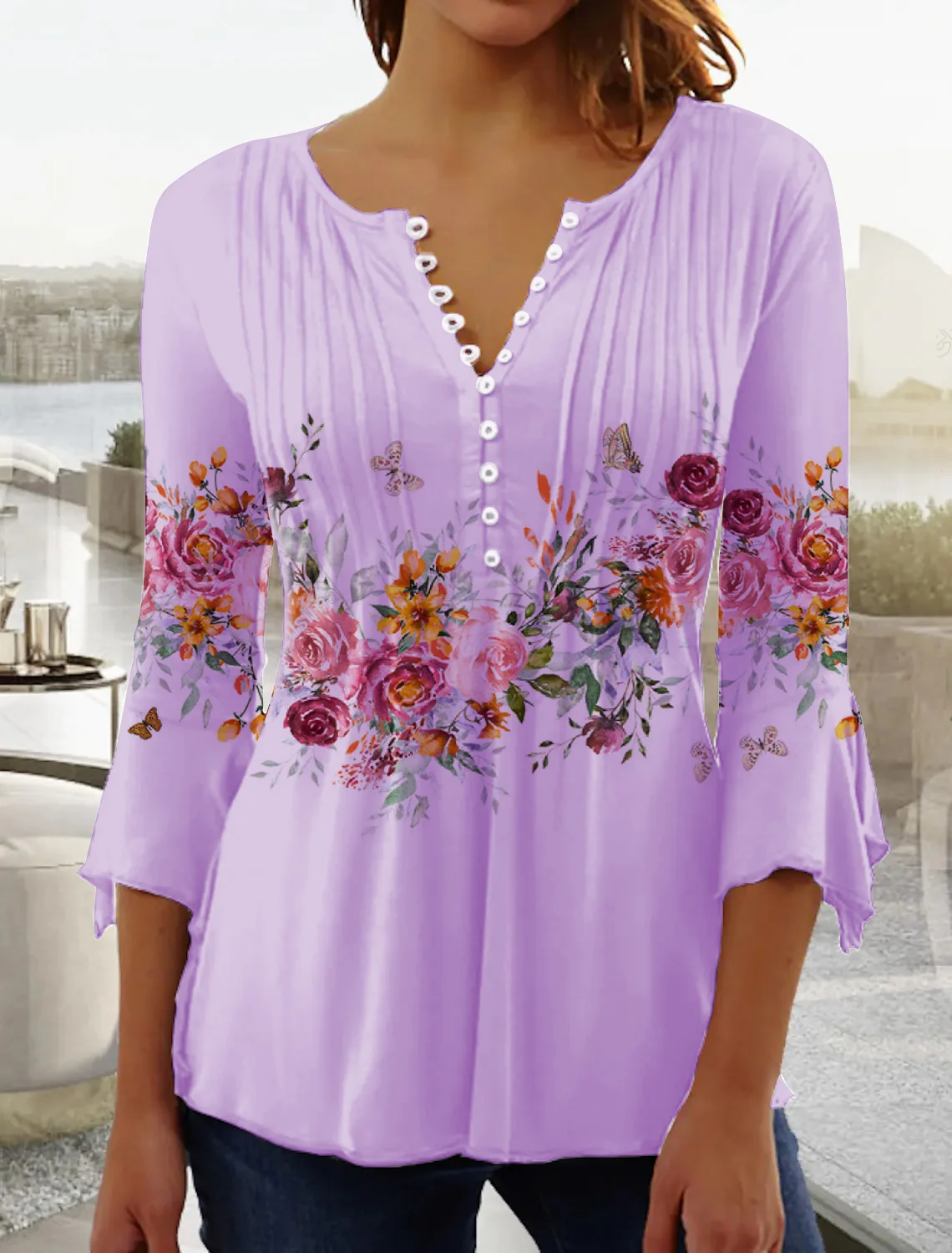 Tops Décontracté Floral Hiver Col V Naturel Coupe Régulière Mi-longue-Long A-ligne Élasticité moyenne pour Femmes