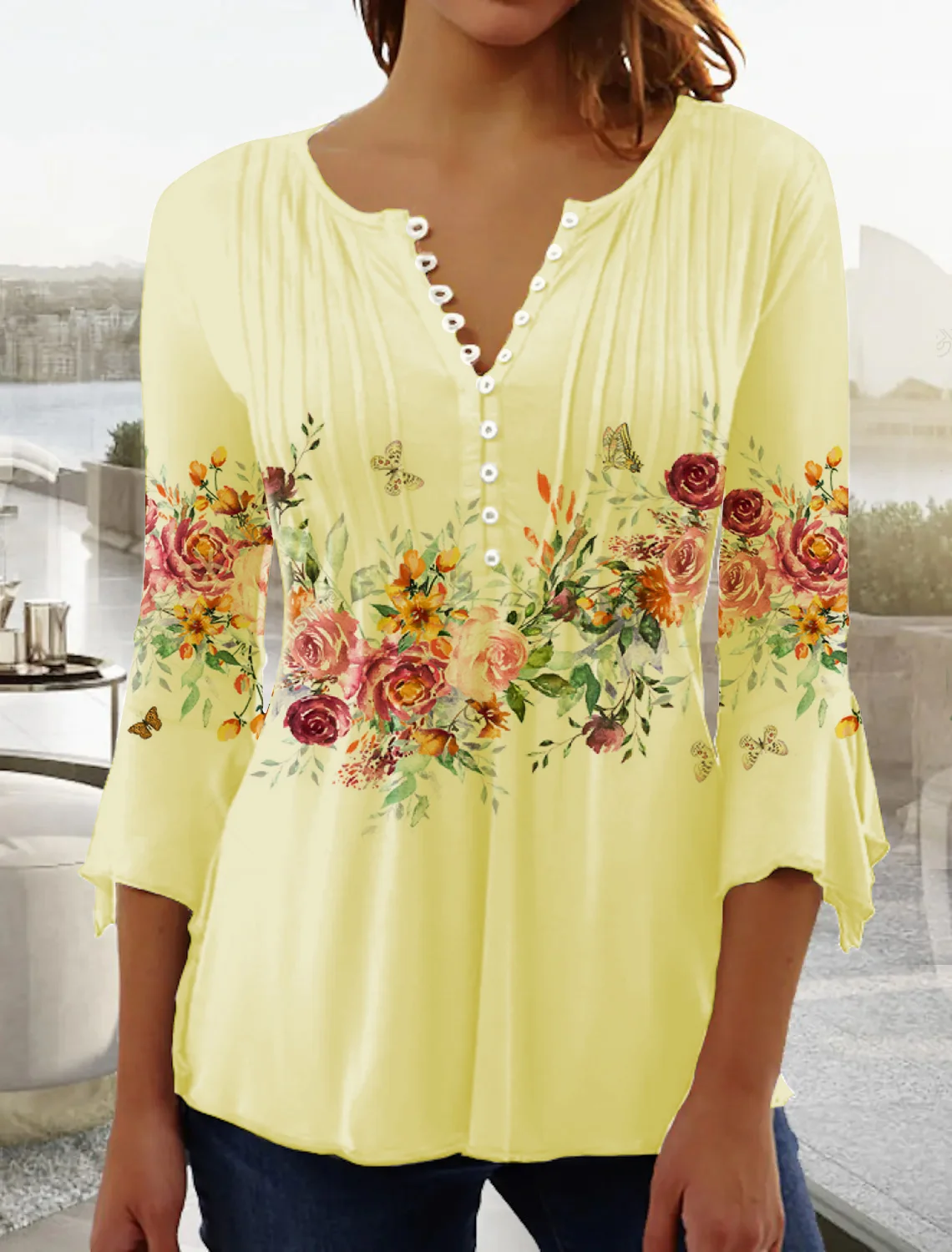 Tops Décontracté Floral Hiver Col V Naturel Coupe Régulière Mi-longue-Long A-ligne Élasticité moyenne pour Femmes